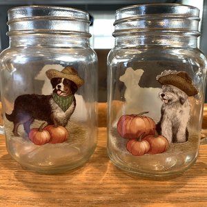 Set of four Pier 1 mason jar fall glasses with dog